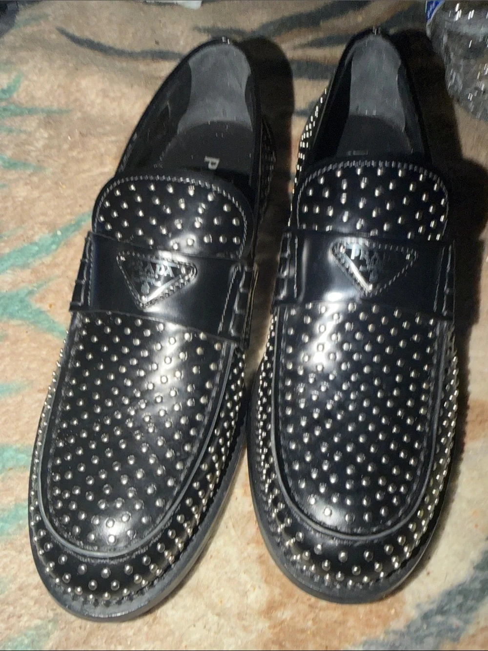 Prada Black Studded Leather Slip-On Loafers